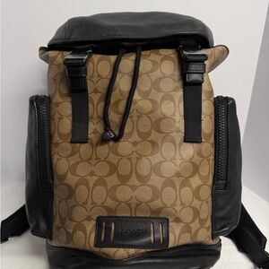 Coach Ranger Men's Brown Signature Canvas Backpack with Black Leather Trim